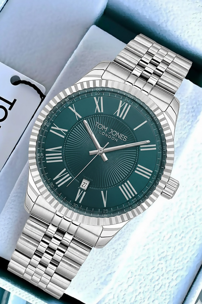 Tom Jones ساعة يد رجالية مع تقويم 3 أتم مقاومة للماء سوار فولاذي فضي اللون GT...