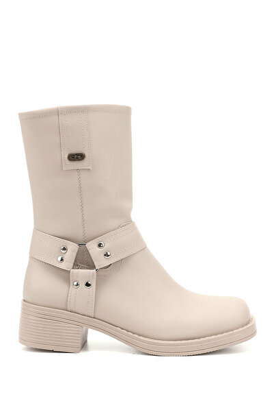 GÖNDERİ(R) حذاء نسائي بسحاب جلدي ومقدمة حادة وكعب سميك لراكبي الدراجات النارية