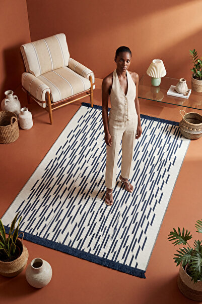 Cool Halı Lovely Navy Blue Kilim Carpet Double-Sided Machine Washable Summer ...