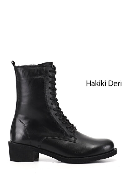 GÖNDERİ(R) Women's Black Zippered Rubber Sole Genuine Leather Boots