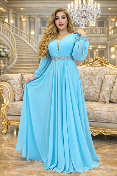 Yeşilmoda Evening Dress Chiffon Fabric Women's Maxi Dress Sleeve Details Blue...