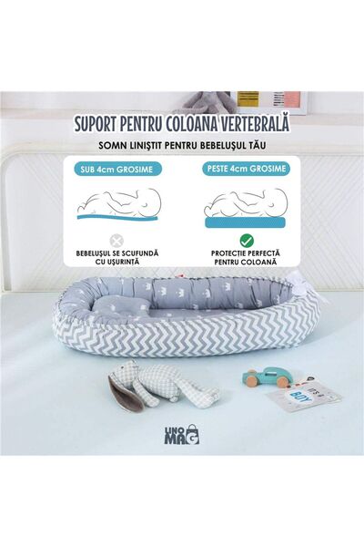 Linomag Coș de dormit pentru bebeluși Baby Nest, Linomag®, 0-24 luni, 90x55cm, husă din bumbac, Gri deschis/Gri închis
