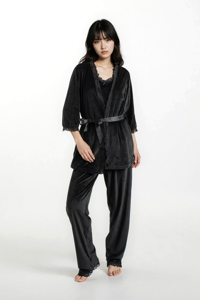 Ecrou Women's Black Velvet Rope Strap Robe Pants 3-Piece Pajama Set
