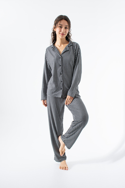 Ecrou Women's Black Piti Square Long Sleeve Peter Pan collar Pants Pajama Set