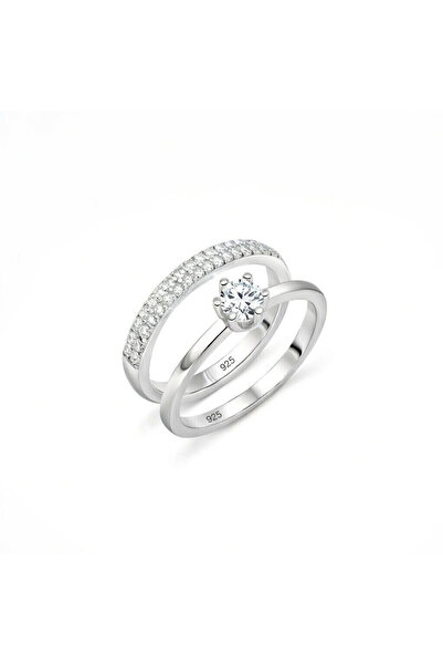 Silveranka 925 Ayar Gümüş Yarım Tur Alyans Tek Taş Yüzük Kombini