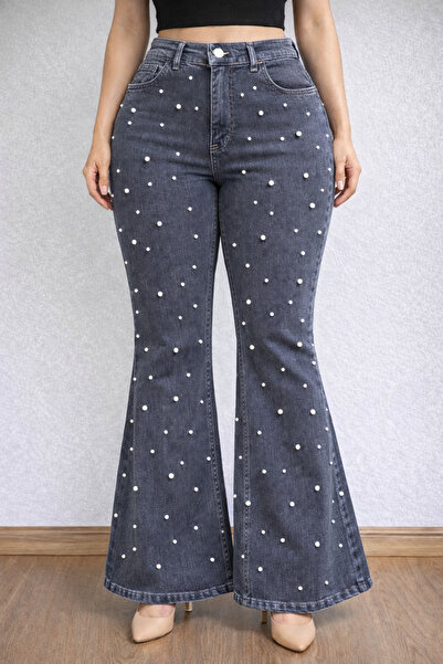 nd jeans Pantaloni de damă cu detalii premium perlate Y talie înaltă L materi...