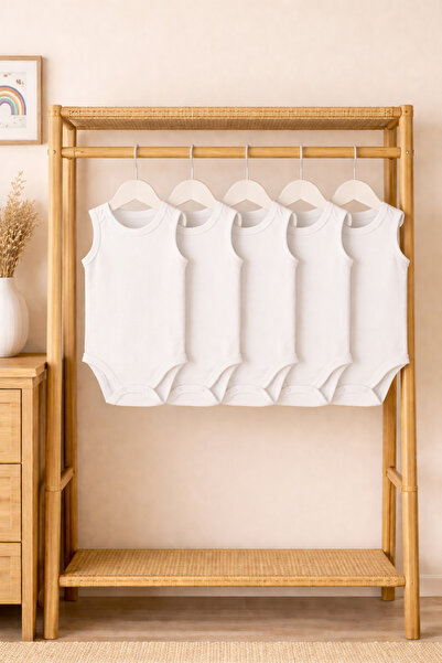 SPARKLY BABY %100 Organik Pamuklu Bebek Çıtçıtlı Zıbın Body 5'li Paket Beyaz