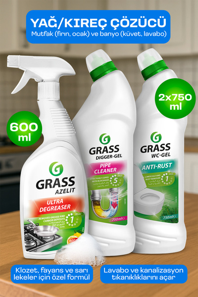 GRASS Profesyonel Banyo Seti (3'lü) - Yağ/Kireç/Klozet/Lavabo Temizliği