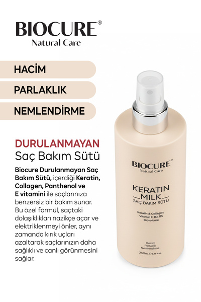 Biocure Keratin Sütü Collagen Saç Bakım Sütü, Saç Spreyi Hacim, Parlaklık Nemlendirme Kolay Tarama 250ml.