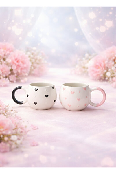 KYA CERA Pembe Kalp & Siyah Kalp Kabartmalı 2’li El Yapımı Kupa Seti – Sevgil...