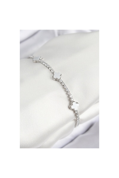 Clariss Brass Zircon Stone Clover Model Silver Color Women's Bracelet