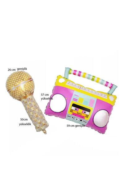 partidolu Retro Disco Altın Mikrofon ve Radyo Kasetçalar Teyp Folyo Balon 2 Adet
