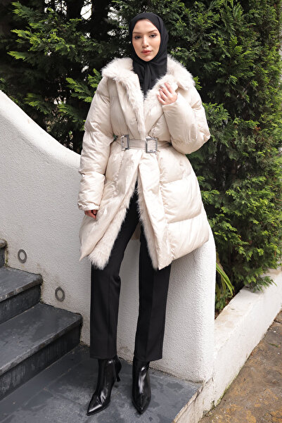 İmajButik Stone Collar Fur Belt Detailed Puffer Coat