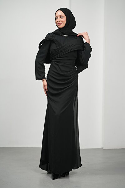 İmajButik Siyah Yakası Taş Detaylı Omuzu Kat Drapeli Abiye