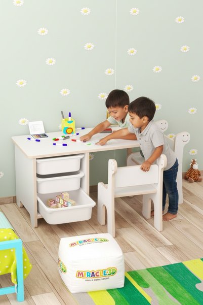 MİRACLE 3D Çocuk Masa Sandalye Takımı-3 Sepetli Çocuk Çalışma Masası Aktivite Masası Yaz-sil çift Dino Sandalye