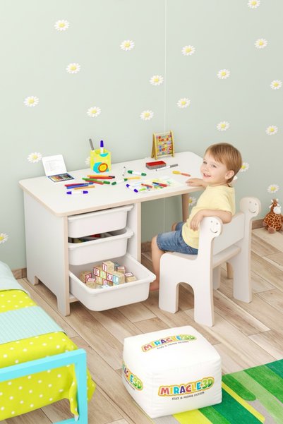 MİRACLE 3D Çocuk Masa Sandalye Takımı-3 Sepetli Çocuk Çalışma, Aktivite Masası Yaz-sil Dino 1 Adet Sandalye