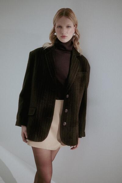 MARKALİSTE Çizgili Kaşe Blazer Kahverengi