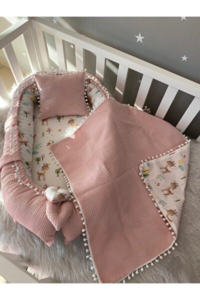 Jaju Baby Babynest Pudra Waffle Pike Kumaş Ceylan Tasarım Ponponlu 3'lü Jaju-...