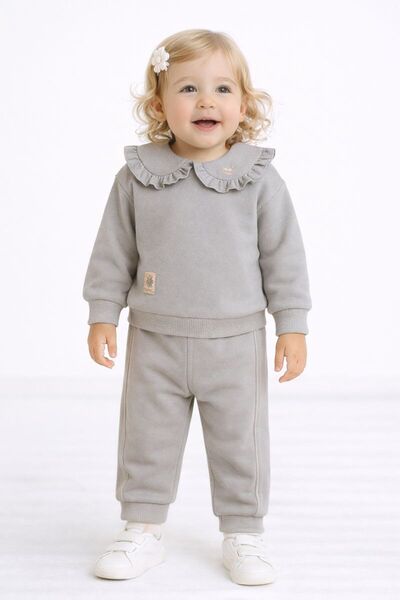 RAPAPA Girl's Ruffle Collar 3 Thread Ş Fleece-Lined Tracksuit Set – Gray 10713