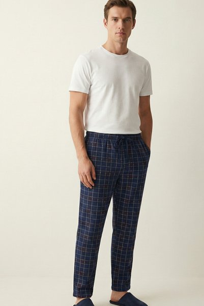 Elemge Checkered Cotton Elastane Men's Pajama Bottoms Comfortable Fit with Pockets Drawstring Stretchy Navy Blue Burgundy Plaid Christmas