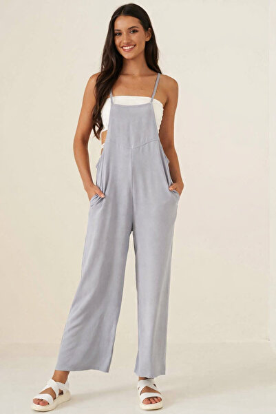 hazelin Women's Gray Adjustable Strap Wide Leg Gardener Overalls with Pockets...