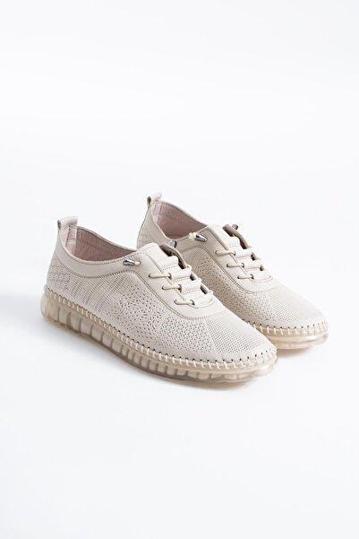 Moda Pie Seste Lazer Taban Dikme Hakiki Deri Kadın Ayakkabı Bej Cilt