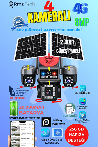 AVENİR RMZ-TECH 8MP 4 Kameralı PTZ AOV Kamera | Çift Solar Panelli | 4G E-SIM...