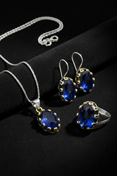 Roza Silver Safir Taşlı Otantik Gümüş Kadın Set