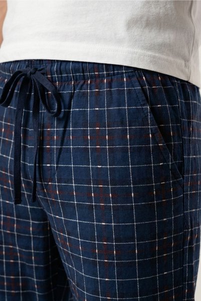 Elemge Checkered Cotton Elastane Men's Pajama Bottoms Comfortable Fit with Pockets Drawstring Stretchy Navy Blue Burgundy Plaid Christmas
