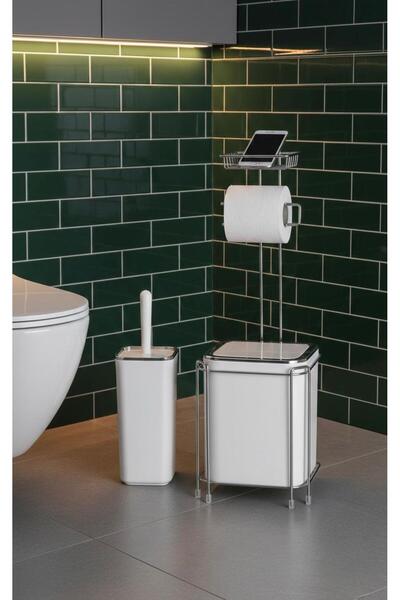 Store HGY Home Kare Yedekli Standlı Beyaz Krom Çöp kovası ve Wc Fırçalık Seti