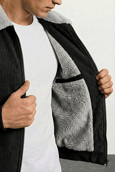 GENIUS STORE Erkek Mont Peluş Astarlı Gömlek Yaka Rüzgar Geçirmez Kadife Mont