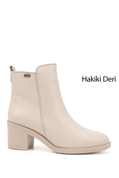 GÖNDERİ(R) Women's Beige Zippered Thick Heeled Genuine Leather Boots