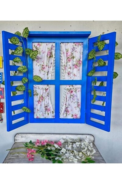 Home AHŞAP DEKORATİF PANJURLU PENCERE, BAHÇE BALKON DEKORASYONU, 100X75 CM MAVİ