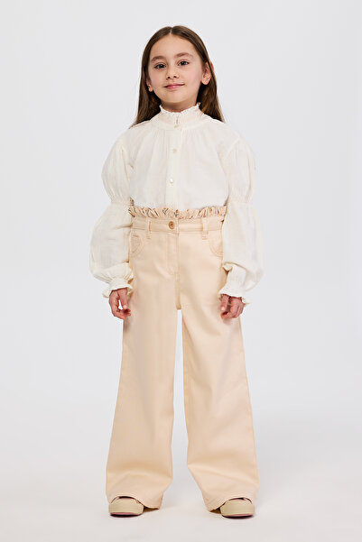 Panço Kız Çocuk Beli Fırfır Detaylı Bej Pantolon