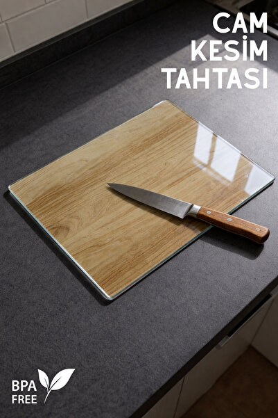 Nandy Home Placă de tăiat din sticlă cu model din lemn - 25x35cm - Covoraș de...