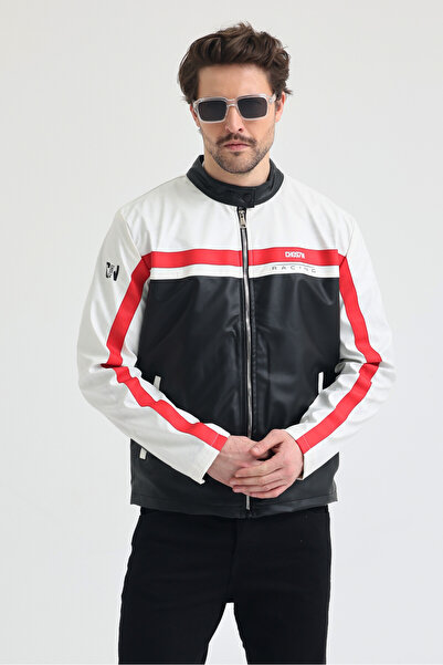 CHOS7N Men's Leather Jacket Coat with Zipper and Stripes – Sport & Casual Sty...