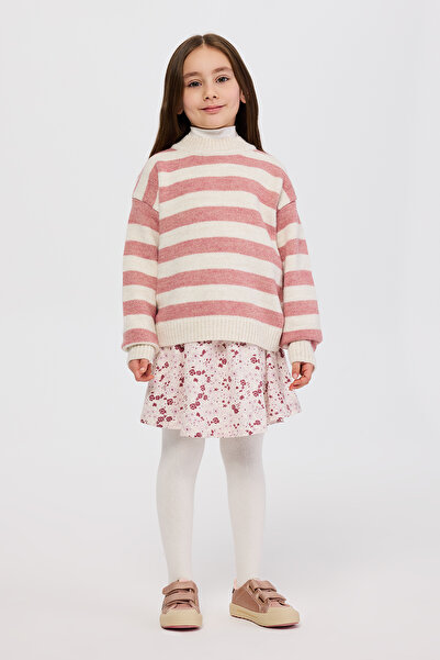 Panço Kız Çocuk Çizgili Triko Pembe Kazak