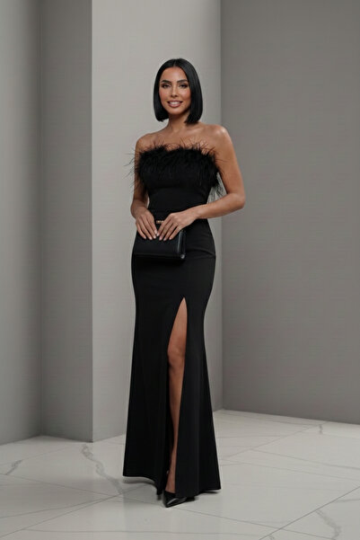 ALFUDO Moda Collection Siyah Peluş Tüy Detaylı Siyah Elbise Yırtmaçlı Gece El...