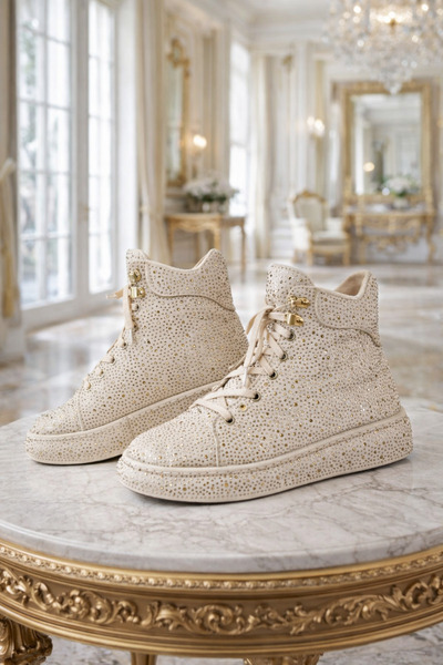 Yeşilmoda أحذية نسائية باللون البيج أحذية حجرية لامعة أحذية الكاحل بأربطة مري...