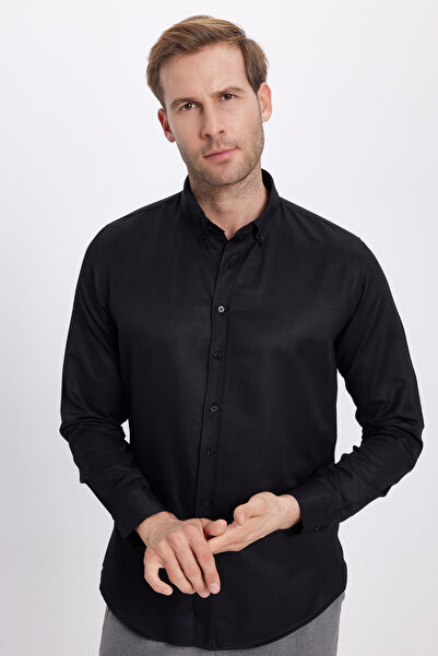 Tudors Slim Fit Uzun Kollu Düğmeli Yaka Pamuklu Kolay Ütü Düz Erkek Gömlek