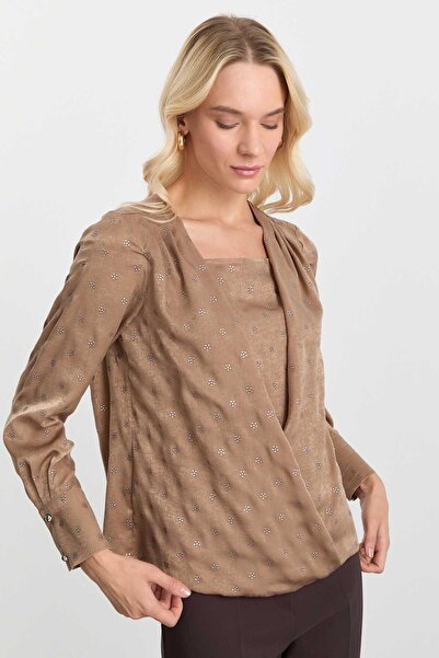 Selen Giyim Kruvaze İçi Atlet Görünümlü Simli Bluz / CAMEL