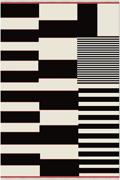 kilim home Mars 74 Siyah Beyaz Tonlarında Dekoratif Salon Halısı Saçaklı Yıka...