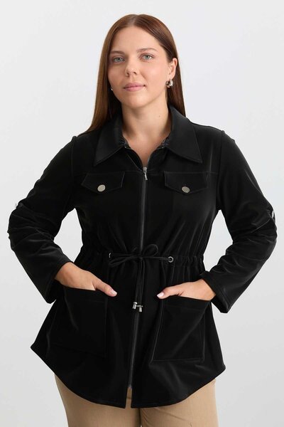 Selen Giyim Büyük Beden Beli Büzgülü Kapak Cep Trençkot / SİYAH