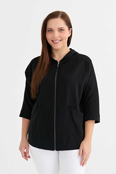 Selen Giyim Büyük Beden Önü Fermuarlı Dıştan Cep Ceket / SİYAH