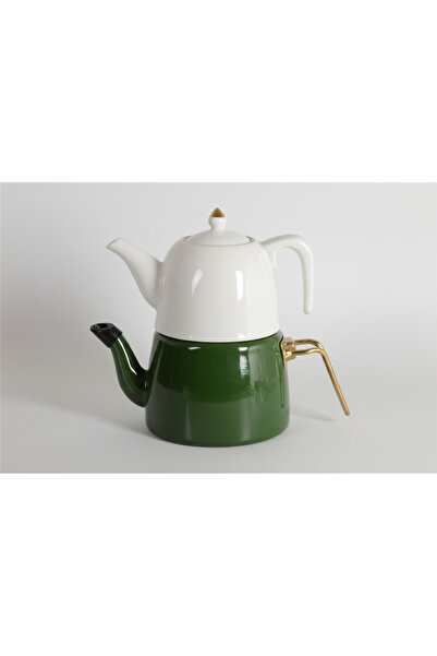 İpek Porselen Zarif Yeşil Porselen Üst – Emaye Alt Çaydanlık Takımı