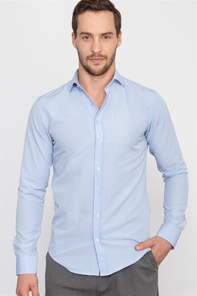 Tudors Slim Fit Uzun Kollu Pamuklu Kolay Ütü Erkek Mavi Gömlek