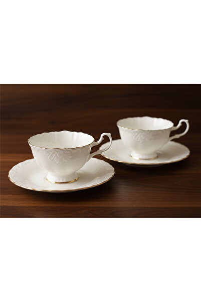 İpek Porselen 2'Li Kabartma Desen Altın Yaldız Goncagül Porselen Çay Fincan T...