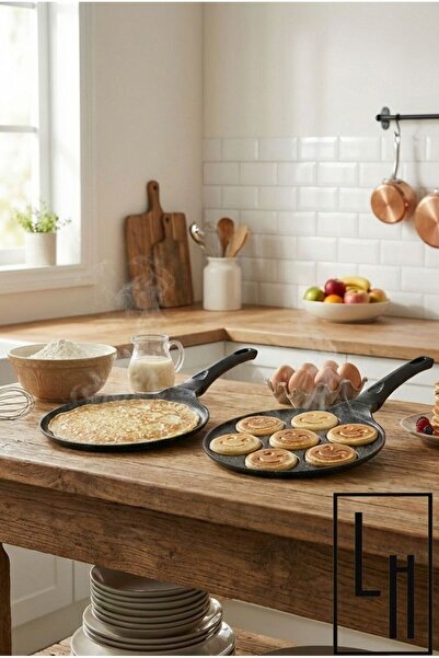 LinkaHome Granit Döküm 2'Li Granit Krep ve Pankek Tavası Emojili Yanmaz ve Ya...