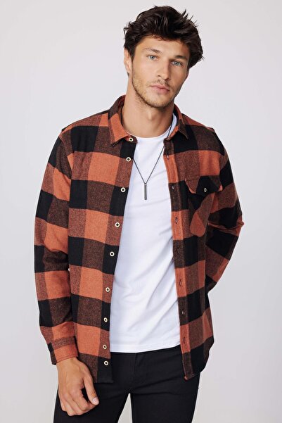 Tudors Slim Fit Uzun Kollu Kapaklı Cep Damalı Kışlık Oduncu Erkek Gömlek