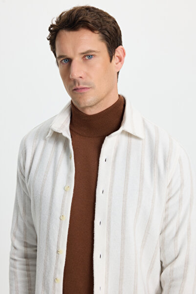 Tudors Erkek Slim Fit Dar Kesim Yaka Düğmeli Çizgili Oduncu Gömlek